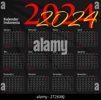 Indonesian Calendar 2024 template vector, simple minimal design, Planner 2024 year, kalender indonesia 2024 year, Week Starts sunday, Set of 12 month Stock Vector