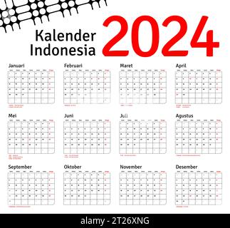 Indonesian Calendar 2024 template vector, simple minimal design, Planner 2024 year, kalender indonesia 2024 year, Week Starts sunday, Set of 12 month Stock Vector