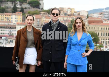 Cannes Mipcom  Concordia ' Photocall  CANNES, FRANCE - OCTOBER 17:Christiane Paul, Frank Doelger ,Ruth Bradley attends Concordia ' photocall during th Stock Photo