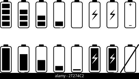 Icon set of battery charge level. Discharged and fully charged battery symbol. Vector illustration Stock Vector