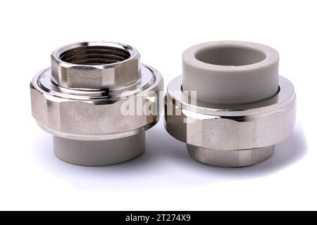 Polypropylene couplings for welding pipes on white. Stock Photo