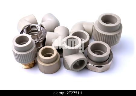 Polypropylene couplings for welding pipes on white. Stock Photo