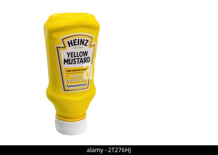 Huelva, Spain - October, 17, 2023: A squeeze bottle of Heinz Yellow Mustard, introduced in 1904 by Francis French as French’s Classic Yellow Mustard, Stock Photo