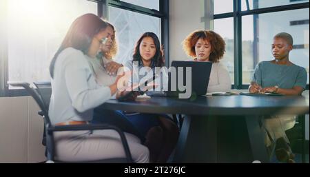 Laptop, research or startup programmer women team for writing idea, app coding or data analysis in office. Hacker, developer or business meeting on Stock Photo