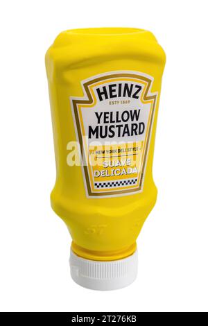 Huelva, Spain - October, 17, 2023: A squeeze bottle of Heinz Yellow Mustard, introduced in 1904 by Francis French as French’s Classic Yellow Mustard, Stock Photo