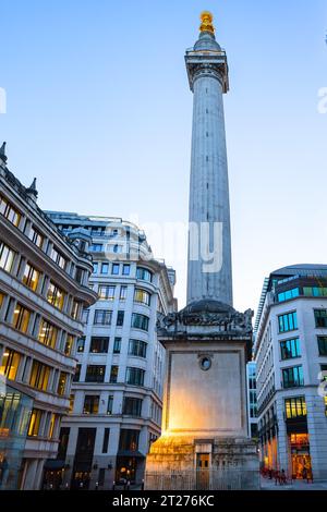 The Monument to the Great Fire of London at sunset, more commonly known simply as the Monument, is a fluted Doric column in London city, England, situ Stock Photo