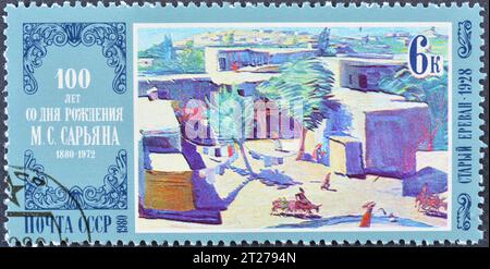 Cancelled postage stamp printed by Soviet Union, that shows painting Old Yerevan by M. Saryan (1928), circa 1980. Stock Photo