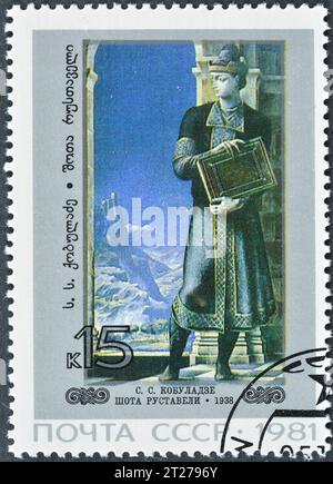 Cancelled postage stamp printed by Soviet Union, that shows Shota Rustaveli, S.S. Kobuladze (1913), Paintings by Georgian Artists, circa 1981. Stock Photo