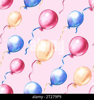 Seamless pattern with festive multicolored balloons. On a pink background. Handmade watercolor illustration. For packaging paper, textiles, greeting c Stock Photo