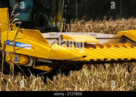 Mato Grosso, Brazil, May 01, 2008. New Holland combine harvester harvests corn in the field of a farm in the state of Mato Grosso, Brazil Stock Photo