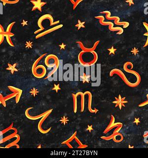 Seamless pattern with zodiac signs according to the horoscope. The watercolor is hand-drawn. Artistic, color, colorized illustration. On a black backg Stock Photo