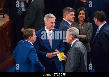 Former Speaker of the House Kevin McCarthy (Republican of California) in the House chamber during the vote for a new Speaker of the House in the Capitol on Tuesday, October 17, 2023. United States Representative Jim Jordan (Republican of Ohio) won the GOP nomination and faces no competition in his party. United States House Minority Leader Hakeem Jeffries (Democrat of New York) is the Democratic nomination. Jordan needs 217 votes to win the Speakership. Kevin McCarthy (Republican of California) was recently ousted from the Speakership. Credit: Annabelle Gordon/CNP /MediaPunch Stock Photo