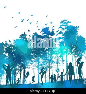Family in nature, Silhouettes of people in the park. hand drawing. Not AI, Illustrat3. Vector illustration Stock Vector