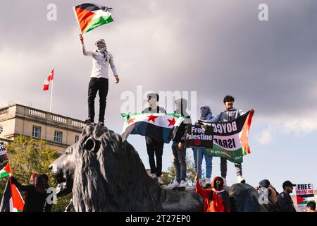 Pro Palestinian protester waves Palestine flag stood on lion statue at Nelsons Column, Trafalgar Square, during the Free Palestine march in London. Stock Photo