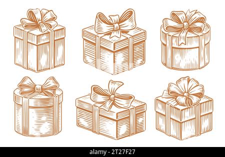 Gift box with ribbon bow. Holiday surprise in sketch style. Vintage vector illustration Stock Vector