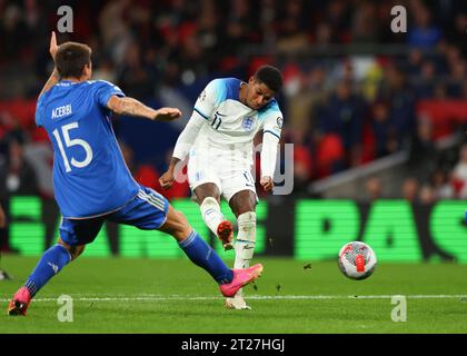 Wembley Stadium, London, UK. 17th Oct, 2023. UEFA Euro 2024 Qualifying Football, England versus Italy; Marcus Rashford of England shoots to score his sides 2nd goal in the 57th minute to make it 2-1 Credit: Action Plus Sports/Alamy Live News Stock Photo