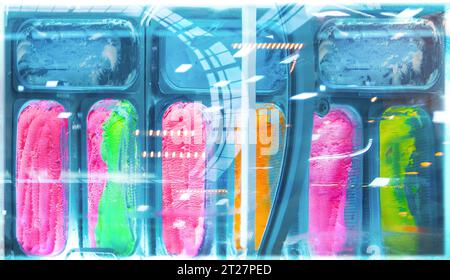 ice-creams in the refrigerated display Stock Photo