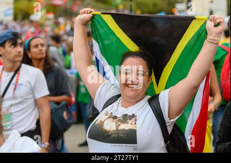 A pilgrim with a South African flag during the Opening Ceremony of World Youth Days 2023 in Lisbon, Portugal. Stock Photo