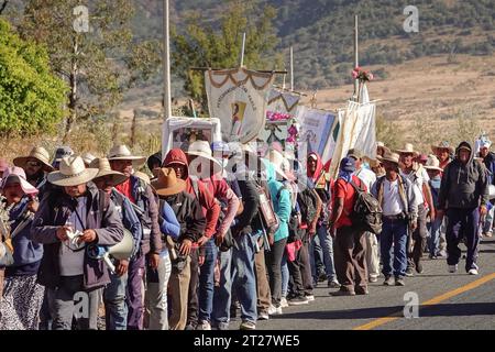 Catholic pilgrims walk down the road on their way to San Juan de Los Lagos near Sauceda, Guanajuato, Mexico. The annual month long pilgrimage draws more than a million Catholic faithful on a journey to the sacred site in Jalisco State. Stock Photo