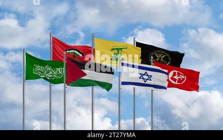 All Israel-Palestine conflict country and organizations flags flag waving together in the wind with Hamas, DFLP, PIJ and Hezbollah with PFLP Stock Photo