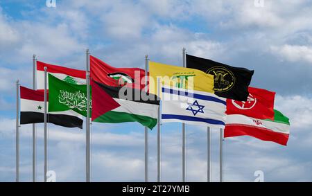 All Israel-Palestine conflict country and organizations flags flag waving together in the wind with Hamas, Iran, PIJ and Hezbollah with Lebanon Stock Photo