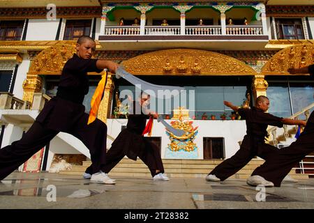 Ramkot, Nepal. 18th Aug, 2023. Swords are the weapon of choice in a training session in front of the temple. These are only used by senior, more experienced nuns. (Credit Image: © Skanda Gautam/ZUMA Press Wire) EDITORIAL USAGE ONLY! Not for Commercial USAGE! Stock Photo