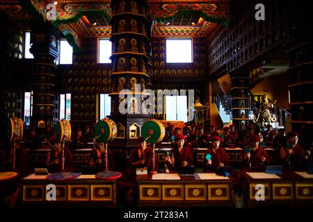 Ramkot, Nepal. 18th Aug, 2023. Kung Fu Nuns perform prayers at the main temple inside Druk Amitabha Mountain monastery on the outskirts of Kathmandu. Prayer and meditation are the nuns main roles. (Credit Image: ¬ © Skanda Gautam/ZUMA Press Wire) EDITORIAL USAGE ONLY! Not for Commercial USAGE! Stock Photo