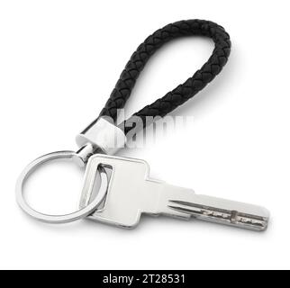 Key with black leather keychain isolated on white Stock Photo