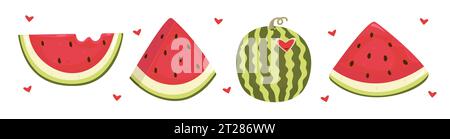 Juicy watermelon set, colorful vector illustrations in green and red colors Stock Vector