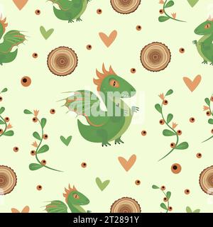 Wood green dragon seamless pattern, color vector background Stock Vector