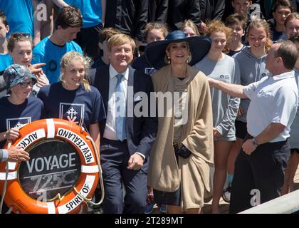 King Willem-Alexander and Queen Maxima of the Netherlands visit the Spirit of New Zealand youth training vessel in Auckland, New Zealand Stock Photo