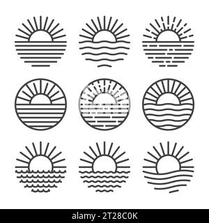 Sun outline icon set isolated white background Stock Vector