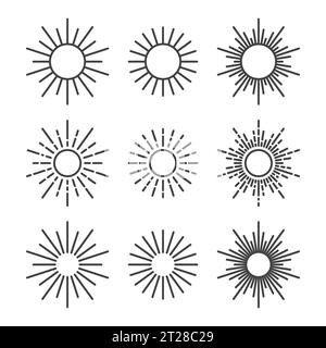 Set of line art sunburst icons outline sun vector illustration Stock Vector