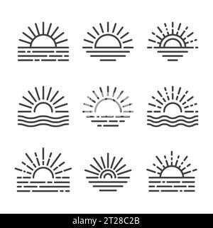 Sunburst icon line art concept vector illustration outline sun sunset in set Stock Vector