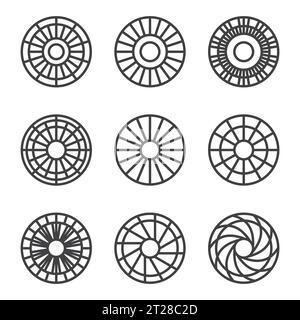 Outline sun symbol circle shape isolated white background vector icon set Stock Vector