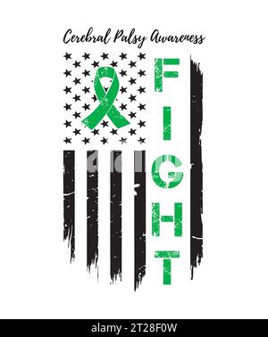 Cerebral Palsy Awareness, Green Ribbon, American Distressed Flag vector Stock Vector