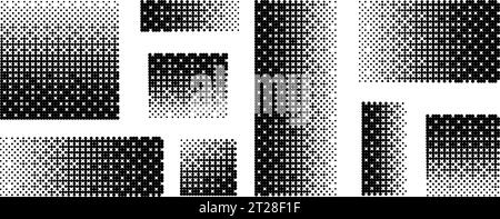 Pixelated gradient set. Dither element collection. Dissolving halftone square and rectangular shapes. Black and white disintegration dispersion or destruction effect. Dotted pattern texture. Vector  Stock Vector