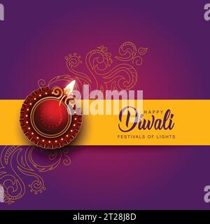 Happy Diwali celebration background. Top view of banner design decorated with illuminated oil lamps on patterned dark background. vector illustration Stock Vector