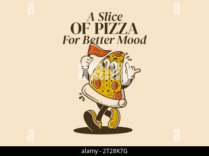 A slice of pizza for better mood. Vintage mascot character illustration of walking pizza, holding a flag Stock Vector