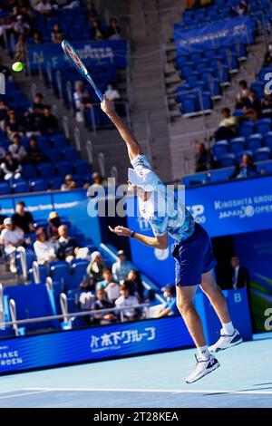 Tokyo, Japan. 18th Oct, 2023. Hubert HURKACZ (POL) serves against Zhizhen ZHANG (CHN) during their singles match on the third day of the Kinoshita Group Japan Open Tennis Championships 2023 at the Ariake Coliseum. This is the longest-running ATP Tour tournament in Asia, first held in 1972. The tournament runs from October 16 to 22. (Credit Image: © Rodrigo Reyes Marin/ZUMA Press Wire) EDITORIAL USAGE ONLY! Not for Commercial USAGE! Stock Photo