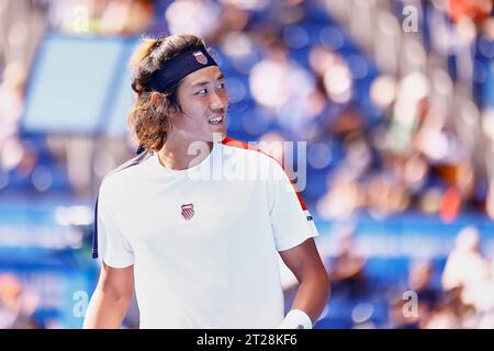 Tokyo, Japan. 18th Oct, 2023. Zhizhen ZHANG (CHN) in action against Hubert HURKACZ (POL) during their singles match on the third day of the Kinoshita Group Japan Open Tennis Championships 2023 at the Ariake Coliseum. This is the longest-running ATP Tour tournament in Asia, first held in 1972. The tournament runs from October 16 to 22. (Credit Image: © Rodrigo Reyes Marin/ZUMA Press Wire) EDITORIAL USAGE ONLY! Not for Commercial USAGE! Stock Photo