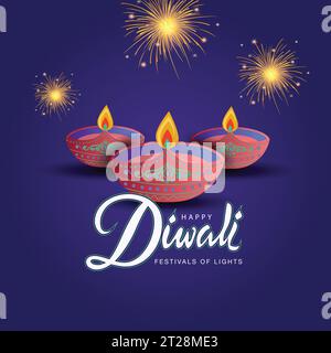 Happy Diwali celebration background. Top view of banner design decorated with illuminated oil lamps on patterned dark background. vector illustration Stock Vector