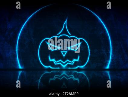 Blue neon Halloween pumpkin on grunge wall background with reflection. Vector design Stock Vector