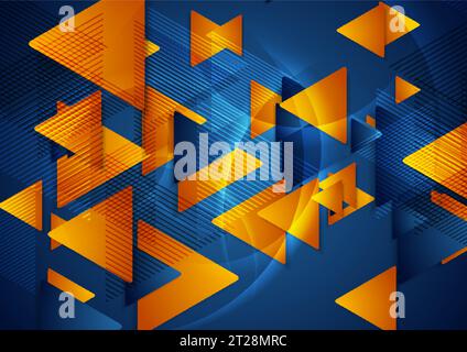 Bright blue and orange glossy triangles abstract geometric background. Vector illustration Stock Vector