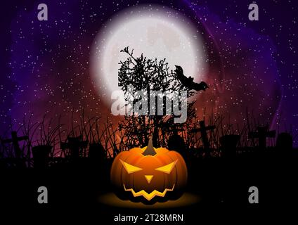 Halloween pumpkin, night cemetery and starry grunge sky abstract background. Vector illustration Stock Vector