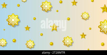 Christmas greeting card with snowflakes, stars and glossy beads. Vector winter background Stock Vector