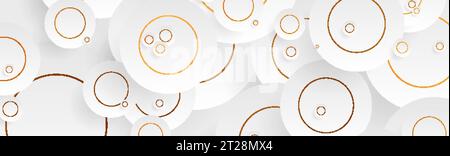 Grey circles with golden outlines abstract geometric background. Hi-tech vector banner design Stock Vector
