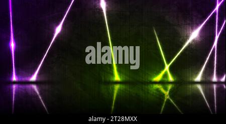 Green and violet neon laser lines with reflection. Abstract rays technology retro grunge background. Futuristic glowing graphic design. Modern vector Stock Vector