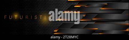 Futuristic black perforated technology background with orange neon lines. Glowing vector banner design Stock Vector