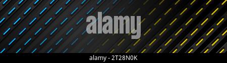 Abstract black stripes with blue yellow neon glowing light. Vector technology banner design Stock Vector